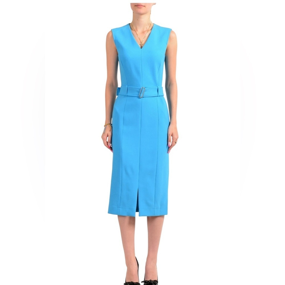 Hugo Boss Women’s “Dadorina” Bright Blue V-Neck Belted Sleeveless Pencil Dress
